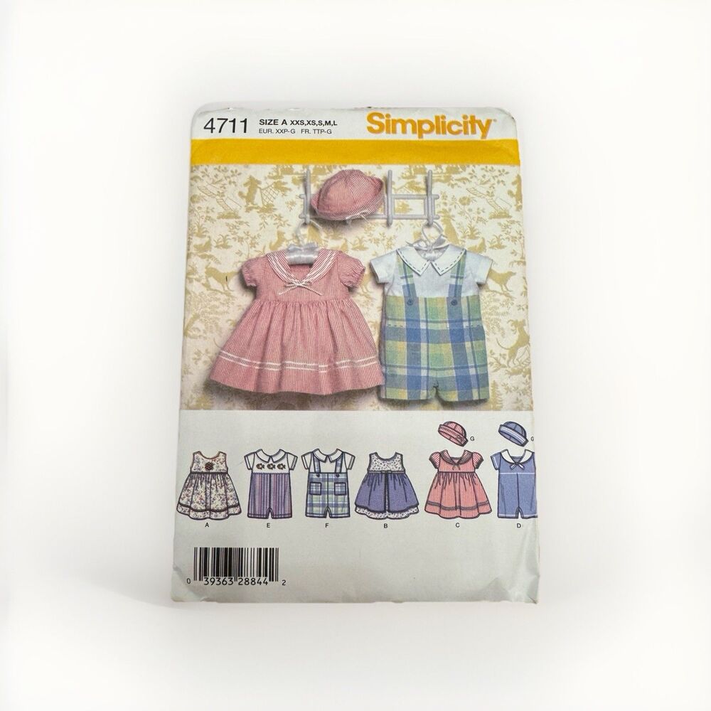 Simplicity 4711 Sewing Pattern Babies Dress Romper Hat Sizes XXS S Med Large